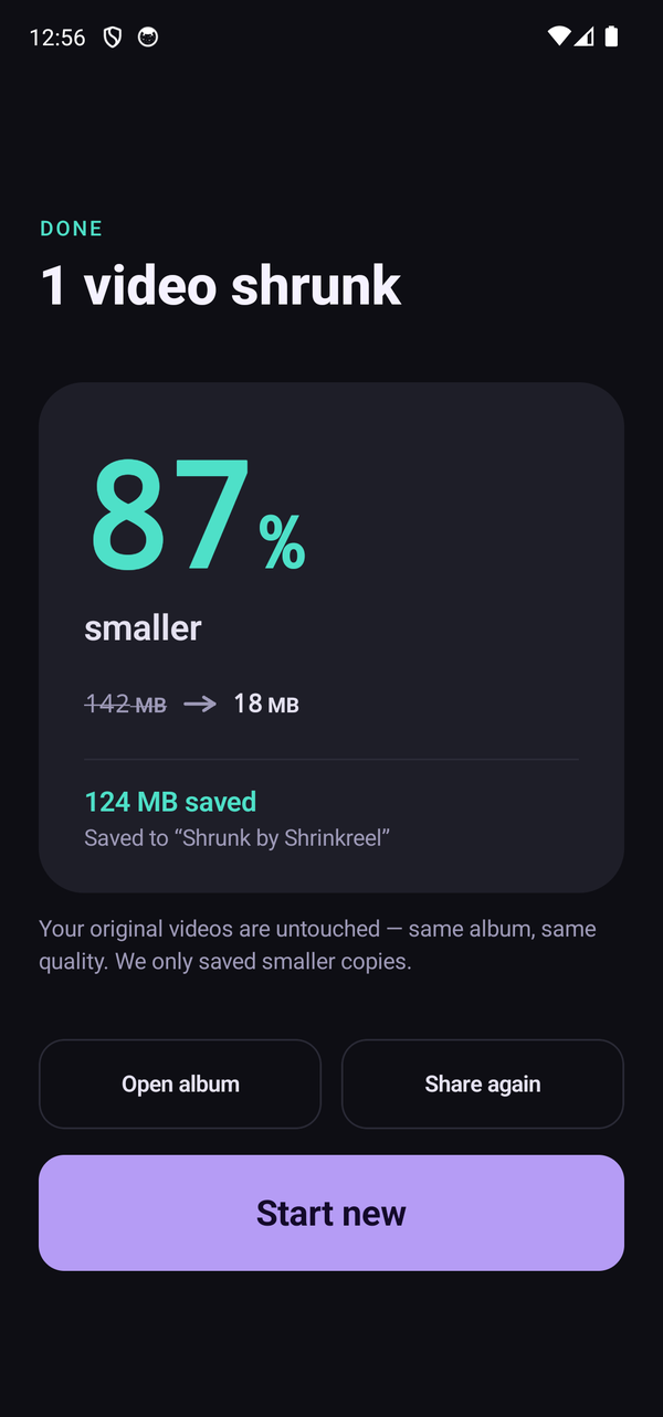 Shrinkreel's done screen: 1 video shrunk 87 percent, from 142 MB to 18 MB.